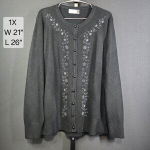 Jon & Anna Cardigan Sweater Womens Plus 1X Gray Embroidered Beaded Floral